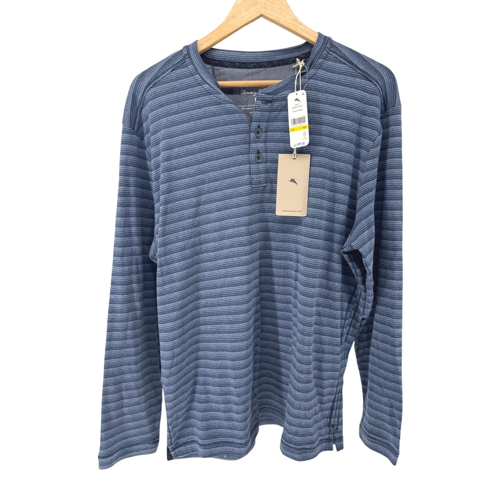 Tommy Bahama Organic Cotton Henley Shirt Mens M Blue Stripe NWT $99 Retail